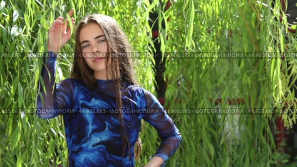 Young beautiful brunette girl posing in willow leaves. Стоковое видео, видеограф Андрей Аркуша / Фотобанк Лори