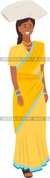 Young beautiful cartoon style Indian woman in traditional clothes isolated on white background. Female character dressed in costume sari stands at full height, keep goods on her head, asian person. Young cartoon style Indian woman in traditional clothes. Female character keep goods on her head. Стоковая иллюстрация, агентство Ingram Publishing / Фотобанк Лори
