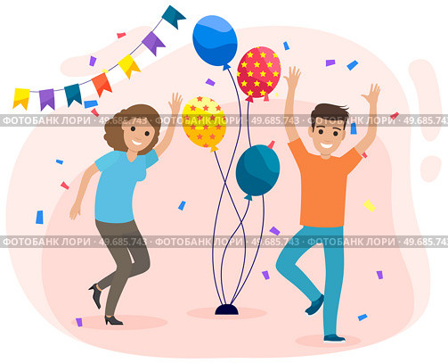 Young beautiful girl and man dancing between balloons. Celebration party, fun activity feeling excited concept. Female character dancing, moving rhythmically. Lady in dance rejoicing celebrating event. Young beautiful girl and man dancing between balloons. Lady in dance rejoices. Celebration of event. Стоковая иллюстрация, агентство Ingram Publishing / Фотобанк Лори