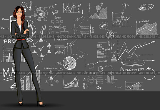 Young beautiful long legged  business woman against the doodle style  sketch background in formal suit vector illustration. Стоковая иллюстрация, агентство Ingram Publishing / Фотобанк Лори