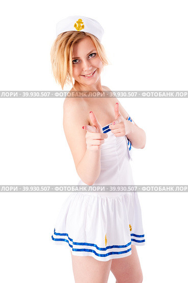 Young beautiful sailor woman pointing forward. Стоковое фото, фотограф Сергей Буторин / Фотобанк Лори