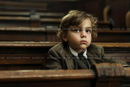 Young boy sitting in church pew listening to sermon. Стоковое AI-изображение, AI-художник Иван Рябоконь / Фотобанк Лори