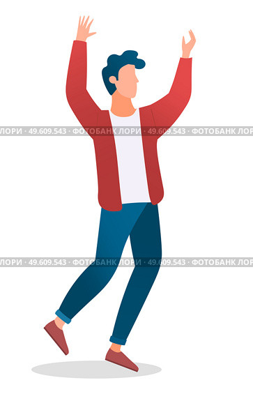 Young brunette man in jeans and red sweater bounces with his hands up in various pose. Attract attention, joy, cheer for the team. The guy with his hands up is dancing. Man avatar on white background. Young guy jumps with hands up, attract attention, dance, cheer for game. Flat image on white. Стоковая иллюстрация, агентство Ingram Publishing / Фотобанк Лори