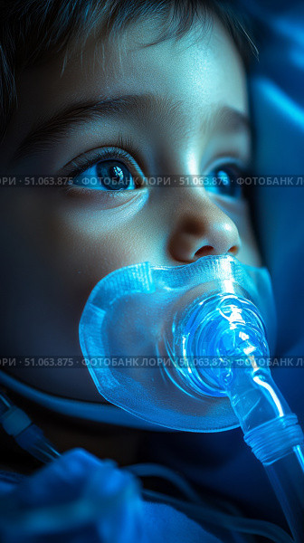 Young Child Receiving Medical Care in a Hospital Room With a Respirator During Early Morning Hours. Стоковое AI-изображение, AI-художник Юлия Гапеенко / Фотобанк Лори