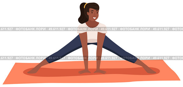 Young dark skinned woman doing stretching warm up exercise. Vector cartoon illustration girl doing fitness, monitors his health isolated on white background. Development flexibility, healthy lifestyle. Young dark skinned girl doing stretching warm up exercise. Development flexibility healthy lifestyle. Стоковая иллюстрация, агентство Ingram Publishing / Фотобанк Лори