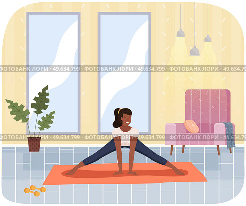 Young dark skinned woman doing stretching warm up exercise at home. Cute girl doing fitness in gym cozy interior, monitors his health. Development flexibility, healthy lifestyle. Gymnastics practice. Young dark skinned woman doing stretching warm up exercise at home. Cute girl doing fitness in gym. Стоковая иллюстрация, агентство Ingram Publishing / Фотобанк Лори