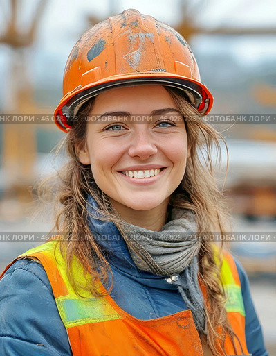 Young female engineer at construction site observes safety precautions. Workplace safety. Стоковое AI-изображение, AI-художник Сергей Елизарьев / Фотобанк Лори