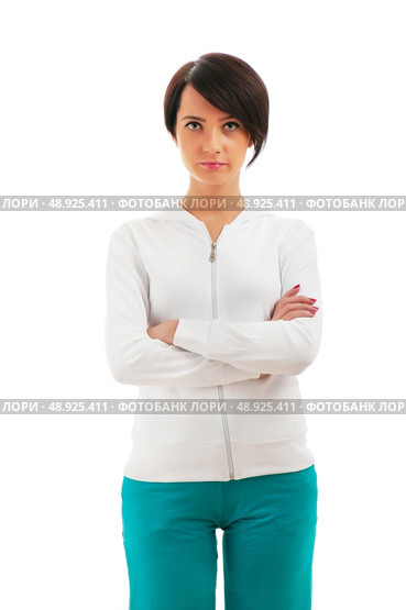 Young female in sporting clothing isolated on white. Стоковое фото, агентство Ingram Publishing / Фотобанк Лори