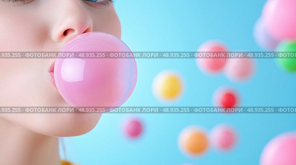 Young girl blowing a vibrant pink bubble against a colorful background. Молодая девушка надувает пузырь ярко-розового цвета на красочном фоне. Стоковое AI-изображение, AI-художник Katsiaryna Repich / Фотобанк Лори