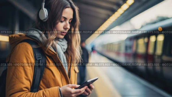 Young girl listen music in headphones and hold smartphone in subway car travel underground use wireless internet connection. Happy female chatting online in mobile phone messenger watch video in metro. standing on the railway station crossing near the train. Стоковое видео, видеограф ALLA YURTAYEVA / Фотобанк Лори