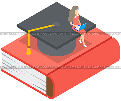 Young girl sitting with laptop on graduation student hat on big red book, higher education online. Undergraduate knowledge. Concept of distance tutorials, studying course for university students. Young girl sitting with laptop on graduation student hat on big red book, higher education online. Стоковая иллюстрация, агентство Ingram Publishing / Фотобанк Лори