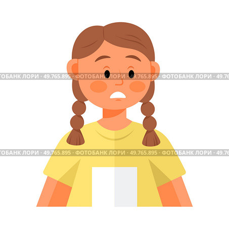 Young girl with brown hair in two braids, expressing a concerned or worried emotion. She wears a yellow shirt and has a thoughtful expression on her face.. Young girl with two braids, expressing concern or worry, emotional depiction. Стоковая иллюстрация, агентство Ingram Publishing / Фотобанк Лори