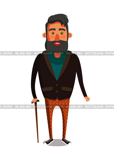 Young grandpa smiling cartoon character. Bearded senior man with stick vector illustration of elderly male in jacket isolated on white background. Young Grandpa Smiling Cartoon Character Senior Man. Стоковая иллюстрация, агентство Ingram Publishing / Фотобанк Лори