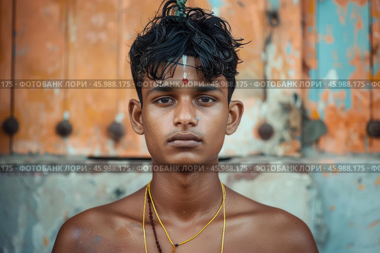 Young hindu devotee posing in front of temple door in tamil nadu, india. Стоковое AI-изображение, AI-художник Иван Рябоконь / Фотобанк Лори
