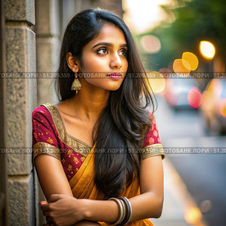 Young Indian Woman in a Yellow Sari, Waiting by a Brick Wall in the City. Generative AI. Стоковое AI-изображение, AI-художник Roman Zavorotny / Фотобанк Лори