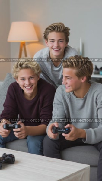 Young male siblings closely seated on home couch, intensely competing during multiplayer video game session, sharing gaming excitement and brotherly bond. Стоковое AI-видео, аниматор Юрий Поздников / Фотобанк Лори