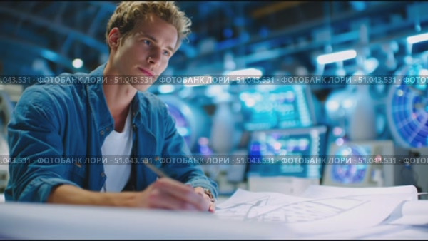 Young man focused on technical drawings in a bright, modern workspace during the day. Стоковое AI-видео, аниматор Сергей Толмачёв / Фотобанк Лори