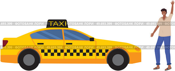 Young man hailing taxi cab. Guy trying to catch taxi car in sity street standing isolated on white. Urban vehicle service. Male character rent automobile with driver, uses services of hired transport. Young man hailing taxi cab. Guy trying to catch taxi car in sity street. Urban transport service. Стоковая иллюстрация, агентство Ingram Publishing / Фотобанк Лори