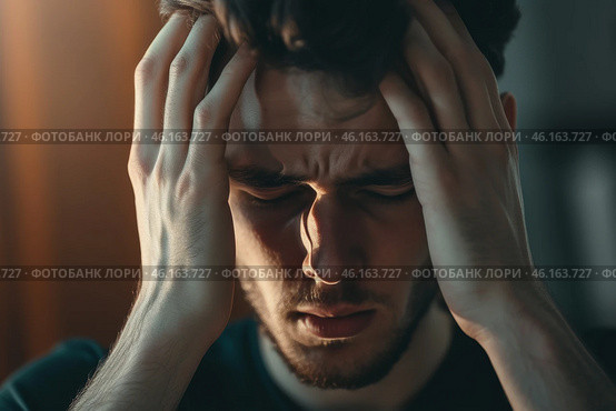 Young man holds his head in distress, coping with overwhelming stress and feelings of anxiety in a dimly lit room during the evening. Стоковое AI-изображение, AI-художник Sergey Grishin / Фотобанк Лори