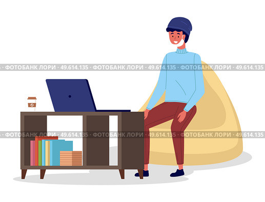 Young man in medical face mask sitting at a table in room and correspondence surfing the Internet. Male character communicating through network on the laptop. Freelance, work from home and home office. Man in medical mask sitting at a table in room correspondence surfing the Internet during quarantine. Стоковая иллюстрация, агентство Ingram Publishing / Фотобанк Лори