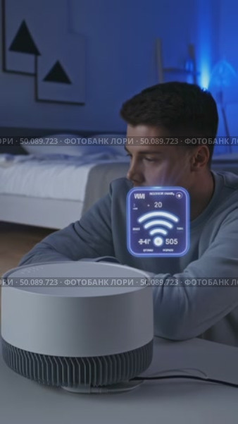 Young man interacting with smart home air purifier displaying wifi connection status in modern bedroom. Стоковое AI-видео, аниматор Владимир Федоров / Фотобанк Лори