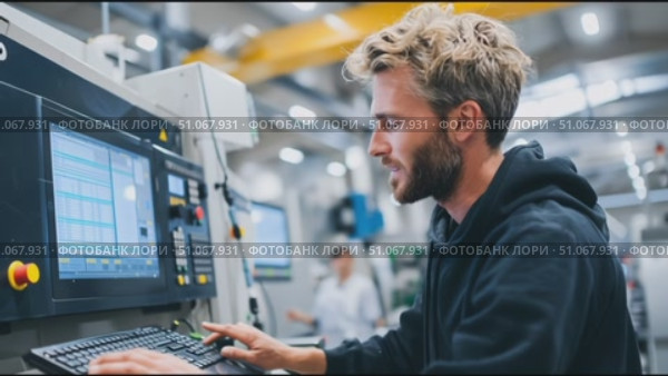 Young man operates machinery in modern factory environment during daytime shift. Стоковое AI-видео, аниматор Сергей Толмачёв / Фотобанк Лори
