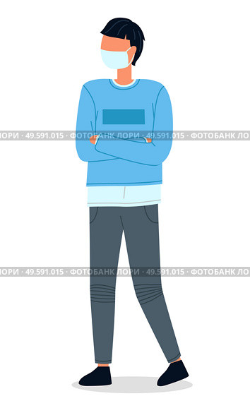 Young man wearing face medical mask standing at white background. Viral pandemic. Coronavirus 2019-ncov flu. Respiratory protection from virus pandemia. Quarantine and self-isolation in city. Illustration of man wearing face medical mask standing at white background, viral pandemic. Стоковая иллюстрация, агентство Ingram Publishing / Фотобанк Лори