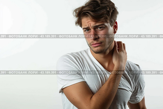 Young man with pain in shoulder, upper arm. Human body health problem banner. Male boy is enduring awful ache. Upset person with muscle nerve pain symptoms holding a hand on painful zone injured point. Стоковое AI-изображение, AI-художник Марина Демидюк / Фотобанк Лори