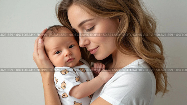 Young mother holding her newborn son in her arms. A child looks into a camera. Isolated, portrait on white background. Стоковое AI-изображение, AI-художник Ирина Гильмуллина / Фотобанк Лори