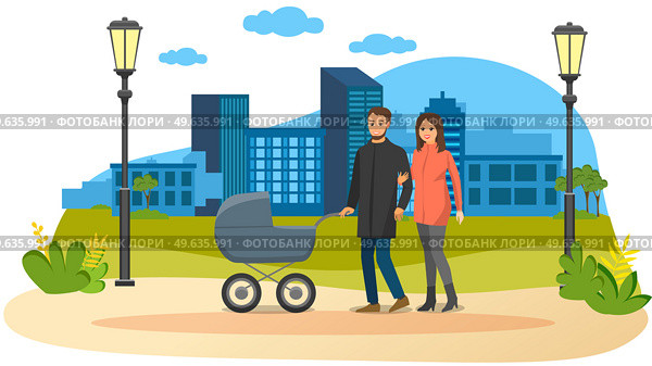Young parents strolling in park with gray baby stroller. Dad rolls stroller with newborn, wife holds arm of husband. Family walking in park. Mom and dad on background of city with modern buildings. Family with baby stroller on background of city with modern buildings. Parents strolling in park. Стоковая иллюстрация, агентство Ingram Publishing / Фотобанк Лори