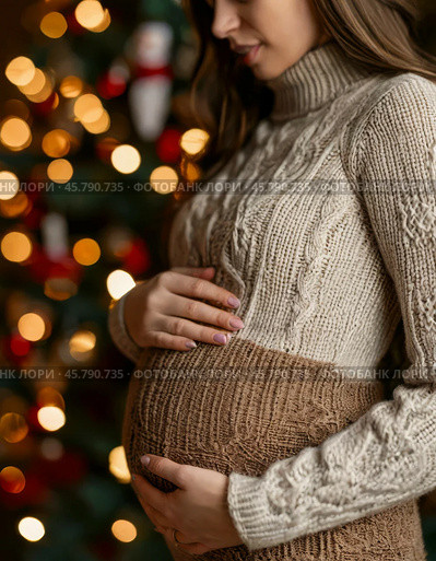 Young pregnant woman against the background of multi-colored Christmas tree lights. Close-up. The woman will soon become a mother. Стоковое AI-изображение, AI-художник Сергей Елизарьев / Фотобанк Лори