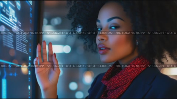 Young professional analyzes data trends on a digital interface in a modern office setting at night. Стоковое AI-видео, аниматор Сергей Толмачёв / Фотобанк Лори
