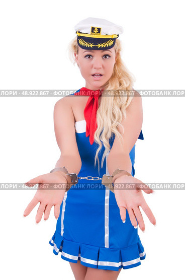 Young sailor with handcuffs isolated on white. Стоковое фото, агентство Ingram Publishing / Фотобанк Лори
