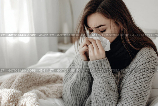 Young sick woman with cold or flue sitting on grey couch, holding a tissue to clear, blowing runny nose. Sneezing Girl under gray plaid blanket with handkerchief to dripping nose, blowing snot at home. Стоковое AI-изображение, AI-художник Марина Демидюк / Фотобанк Лори