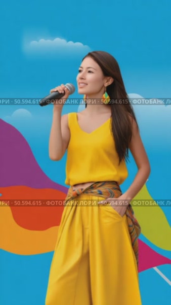 Young singer performing live on stage with colorful flags. Стоковое AI-видео, аниматор Юрий Поздников / Фотобанк Лори