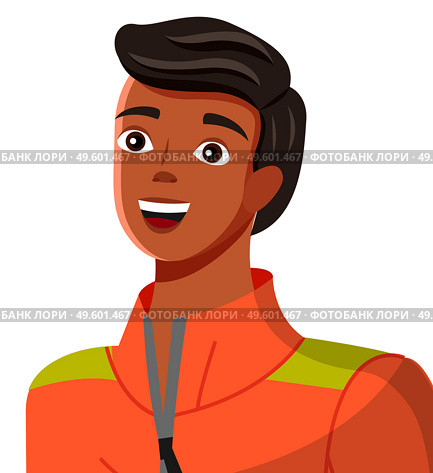 Young tanned guy smiles, close up. Young man in jacket isolated on white. Cartoon character, blogger, streamer. Brunette with white-toothed smile. Joyful male in modern clothes. Flat vector image. Young tanned guy in a jacket with a zipper, closeup. Man smiles, vector image isolated on white. Стоковая иллюстрация, агентство Ingram Publishing / Фотобанк Лори