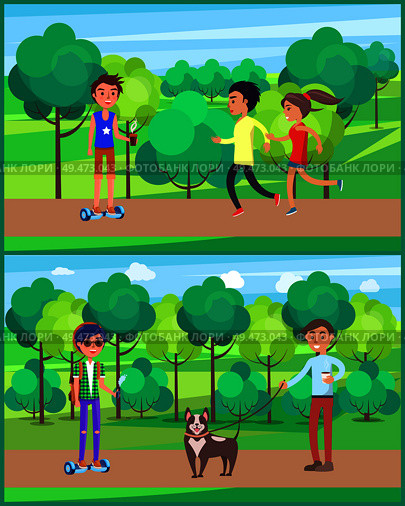 Young teen people jogging running in park vector. Male walking pet dog on leash talking to boy on hoverboard with vape in hands. Hipsters teenagers. Young Teen, People Jogging in Park Set Vector. Стоковая иллюстрация, агентство Ingram Publishing / Фотобанк Лори