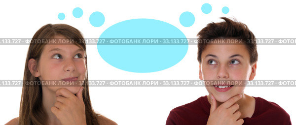 Young teenagers or children thinking with thought bubble and text free space. Стоковое фото, фотограф Markus Mainka / PantherMedia / Фотобанк Лори
