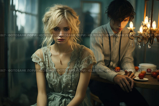 Young woman and young man in a vintage setting. A woman with blond hair tied up in a casual updo sits in the foreground and sadly looks straight ahead. She is wearing a pastel lace dress. A man with dark hair sits at a table in the background with his head bowed down. He is wearing a long sleeved shirt. There are several red apples on the table in front of him. Стоковое AI-изображение, AI-художник Анна Кривицкая / Фотобанк Лори