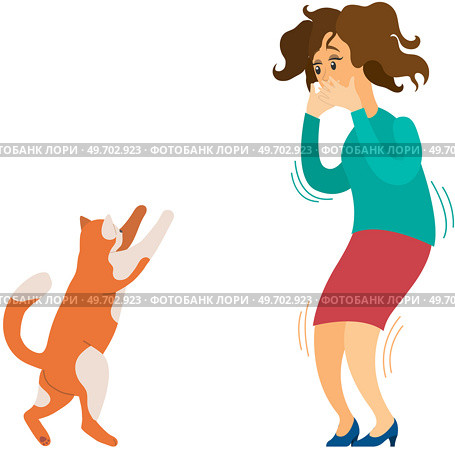 Young woman character scared of red cat. Girl believe in bad omen or afraid of animal with claws. Female character was frightened and clutched her face with hands. Ailurophobia obsessive fear of cats. Young woman character scared of red cat. Girl believe in bad omen or afraid of an animal with claws. Стоковая иллюстрация, агентство Ingram Publishing / Фотобанк Лори