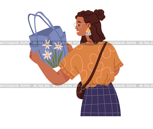 Young woman chooses bag in store. Girl holds summer bag in her hands standing isolated on white. Clothing care concept, womens wardrobe items and accessories. Ladys garment, elegance handbag. Young woman chooses bag in store. Girl holds blue bag in her hands standing isolated on white. Стоковая иллюстрация, агентство Ingram Publishing / Фотобанк Лори