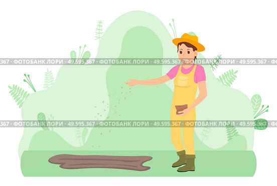 Young woman farmer sows seeds in the ground. A woman works outdoors. Plant a crop. Self-sufficiency. Attraction and accumulation of capital. Agriculture, farming, gardening, harvesting. Flat image. A woman sows seeds into the ground. Harvest, gardening or farming. Flat vector illustration. Стоковая иллюстрация, агентство Ingram Publishing / Фотобанк Лори