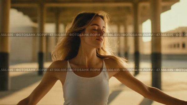 Young woman feeling the wind in urban setting. Стоковое AI-видео, аниматор Юрий Поздников / Фотобанк Лори