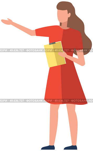 Young woman holding clipboard. Female employee stands with document in her hands. Girl in dress points at something with her hand. Faceless businesswoman with clipboard isolated on white background. Girl points at something. Faceless businesswoman with clipboard isolated on white background. Стоковая иллюстрация, агентство Ingram Publishing / Фотобанк Лори