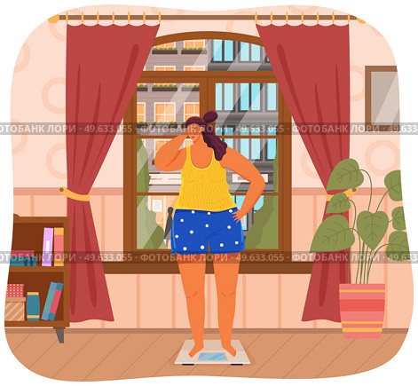 Young woman stands on scales and weights. Lady on diet wants to lose weight. Person uses equipment, device to measure kilograms at home. Overweight girl ashamed of her weight vector illustration. Overweight girl ashamed of her weight. Young woman standing on scales and weighting at home. Стоковая иллюстрация, агентство Ingram Publishing / Фотобанк Лори