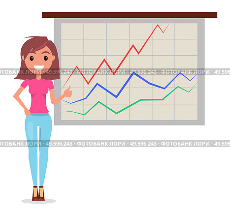 Young woman student or office worker gives a report, cheerful girl standing near demo poster with performance charts and digital data. Business presentation and project management concept banner. Young woman student or office worker gives a report. Business presentation concept vector illustration. Стоковая иллюстрация, агентство Ingram Publishing / Фотобанк Лори