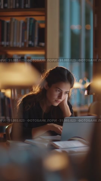 Young woman studying in a cozy library during the evening, focused on her laptop. Стоковое AI-видео, аниматор Сергей Толмачёв / Фотобанк Лори