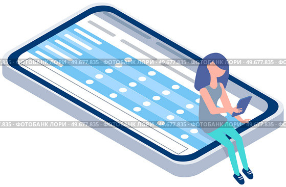 Young woman uses smartphone. Girl is holding gadget. Pastime in social networks. Internet addiction. Woman working remotely freelancing, working on tablet pc, communicating through social networks. Young woman uses smartphone. Girl is holding gadget. Pastime in social networks. Internet addiction. Стоковая иллюстрация, агентство Ingram Publishing / Фотобанк Лори