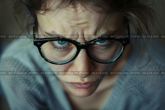 Young woman wearing glasses frowning and showing negative emotions. Стоковое AI-изображение, AI-художник Иван Рябоконь / Фотобанк Лори