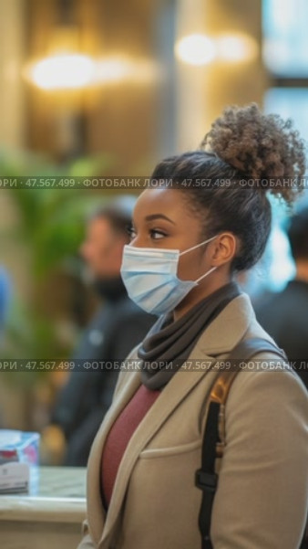 Young woman wearing protective face mask in public building. Стоковое AI-видео, аниматор Юрий Поздников / Фотобанк Лори